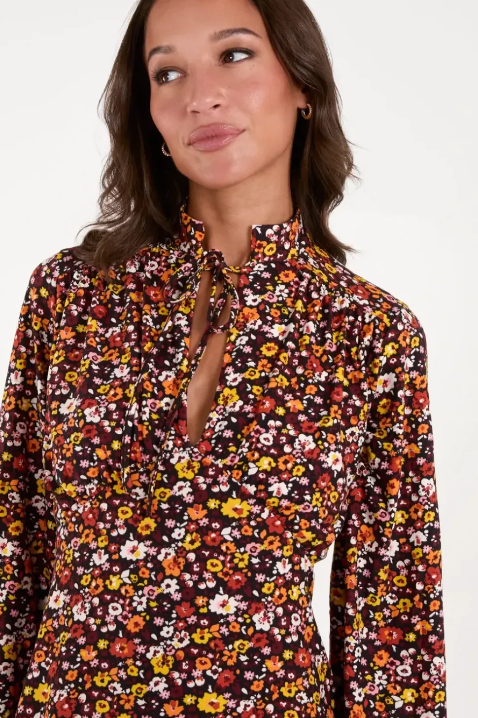 Deep V Tie High Neck Midi Dress