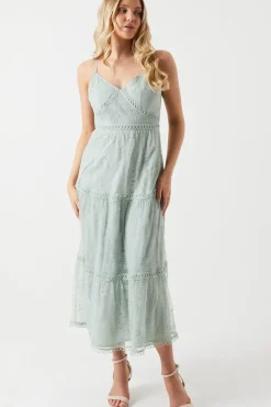 Delicate Lace Trim Insert Strappy Maxi Bridesmaids Dress