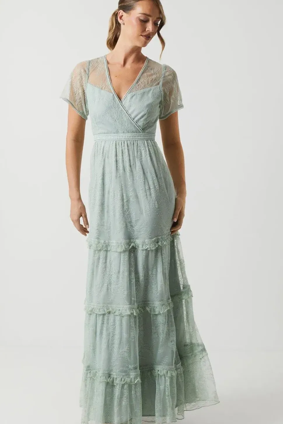 Delicate Lace Trim Insert Tiered Maxi Bridesmaids Dress
