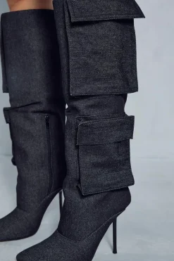 Denim Cargo Knee High Boots