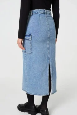 Denim High Waist Midi Cargo Skirt