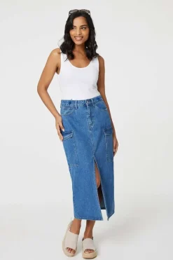 Denim High Waist Split Midi Skirt