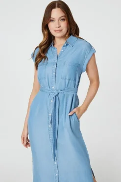 Denim Side Split Midi Shirt Dress