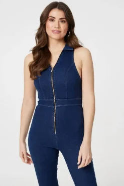 Denim Zip Front Flared Jumpsuit