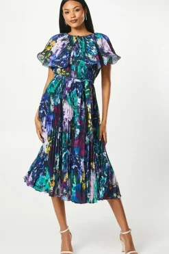 Detachable Pleated Cape Detail Midi Wedding Guest Dress