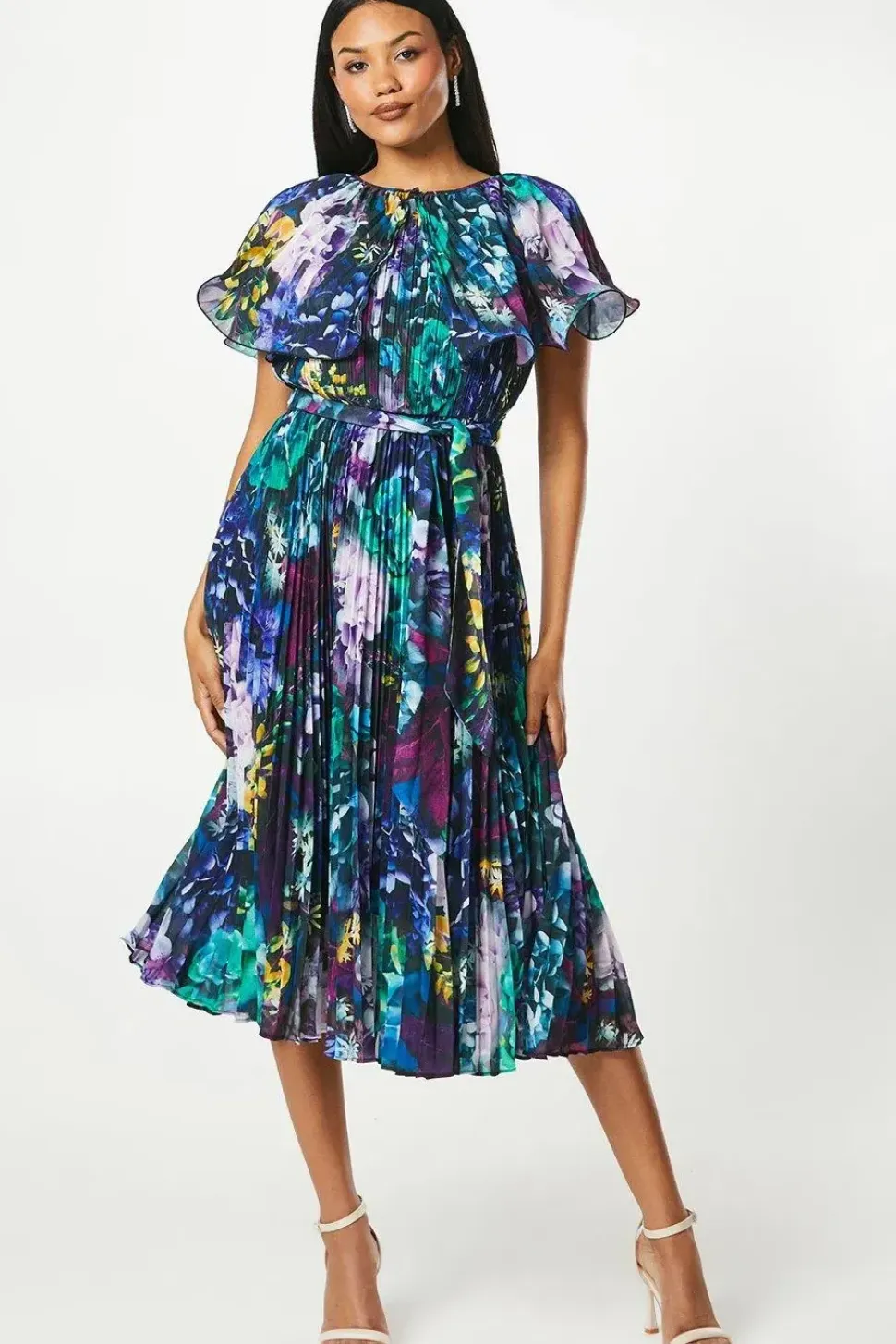 Detachable Pleated Cape Detail Midi Wedding Guest Dress