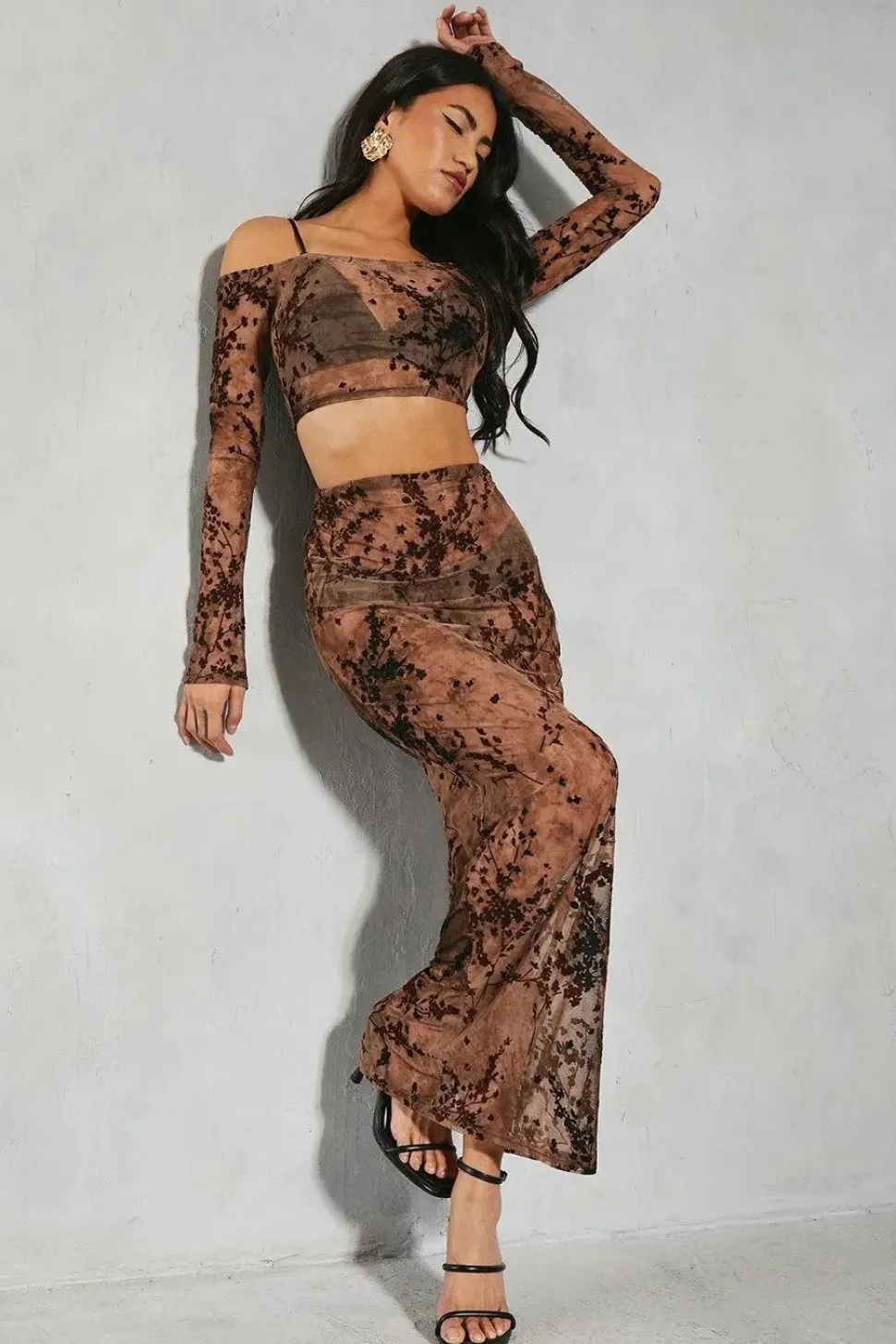 Devore Mesh Floral Bardot Top & Maxi Skirt Co-ord