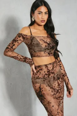 Devore Mesh Floral Bardot Top & Maxi Skirt Co-ord