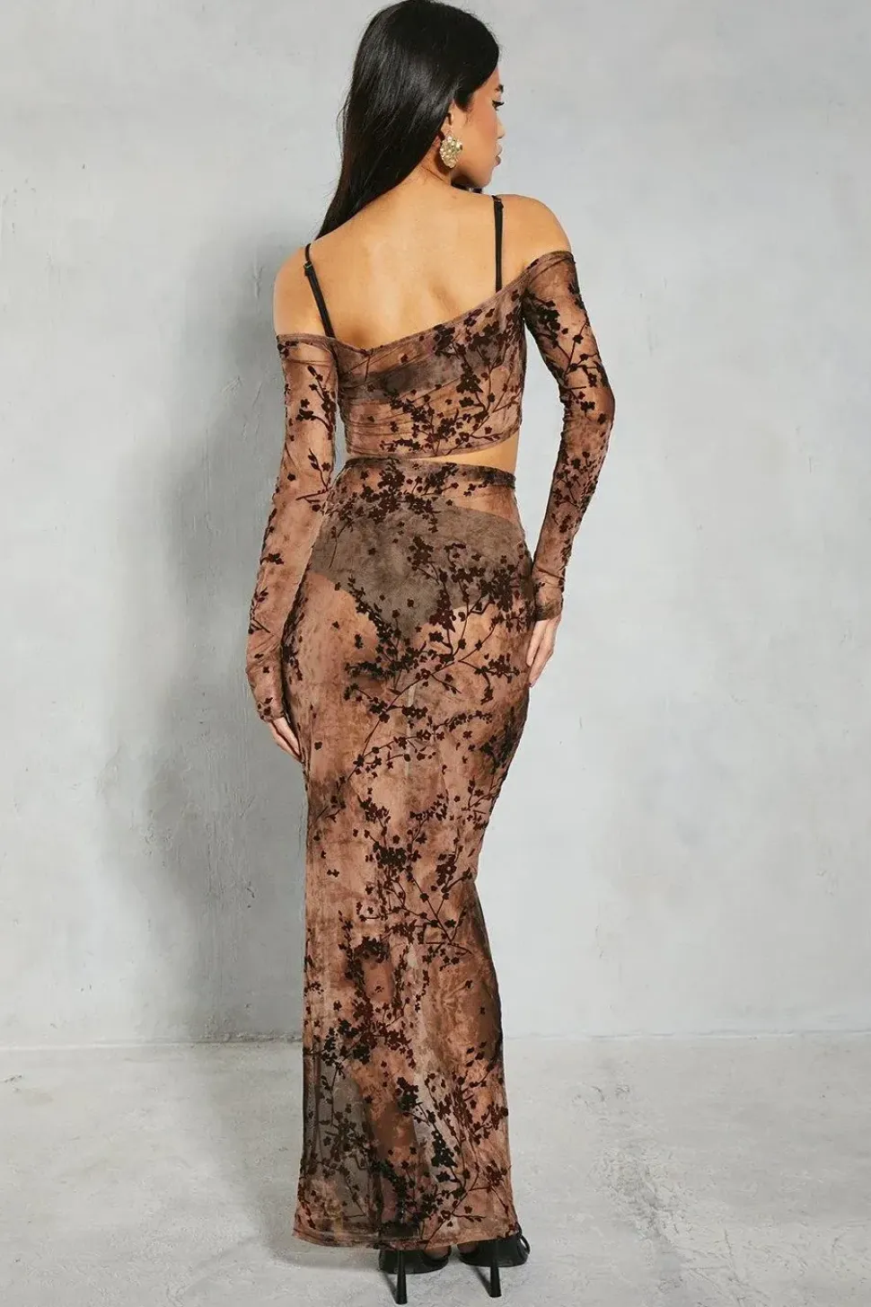 Devore Mesh Floral Bardot Top & Maxi Skirt Co-ord