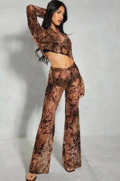 Devore Mesh Floral High Waisted Wide Leg Trouser