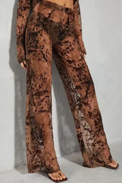 Devore Mesh Floral High Waisted Wide Leg Trouser