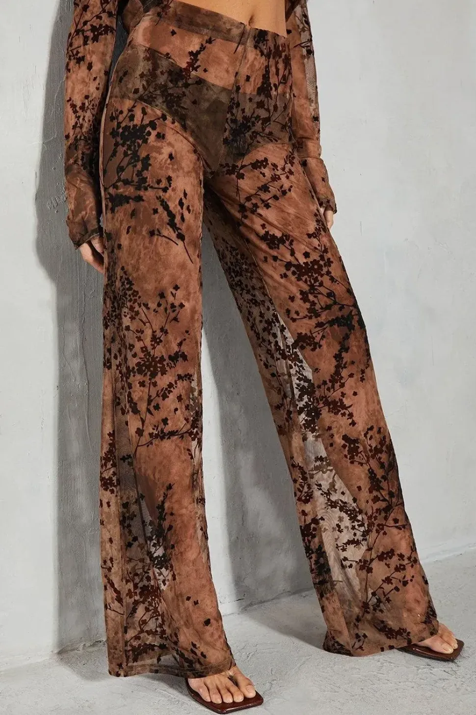 Devore Mesh Floral High Waisted Wide Leg Trouser