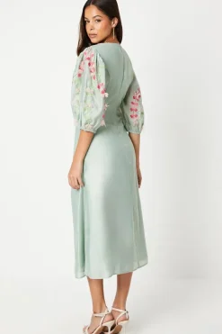 3d Floral Embroidered Puff Sleeve Midi Dress