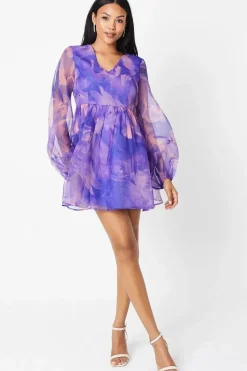 3d Floral Printed Organza Mini Dress