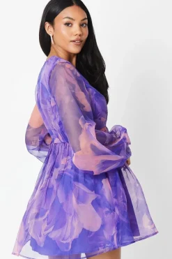 3d Floral Printed Organza Mini Dress