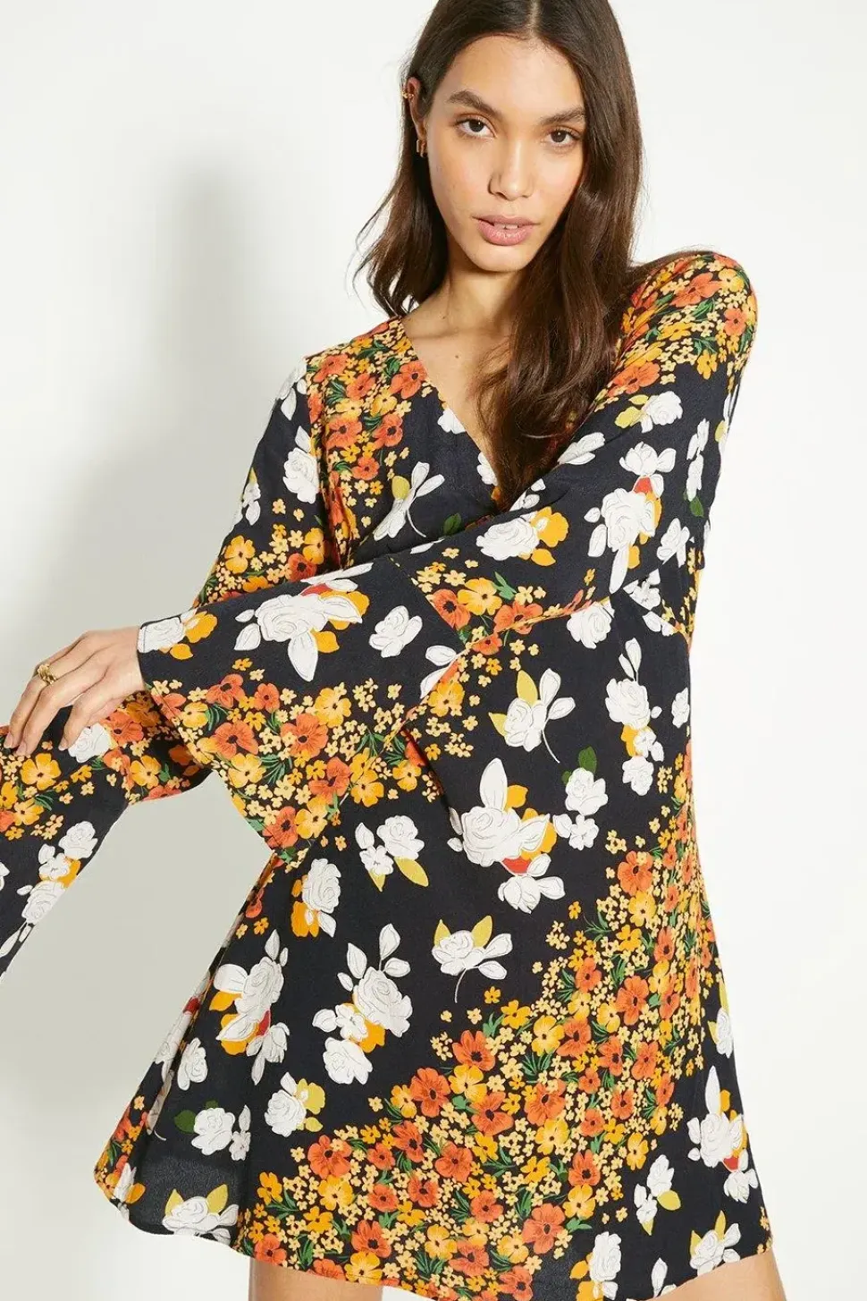 Diagonal Floral Ruffle Sleeve Tea Dress