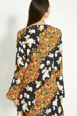 Diagonal Floral Ruffle Sleeve Tea Dress