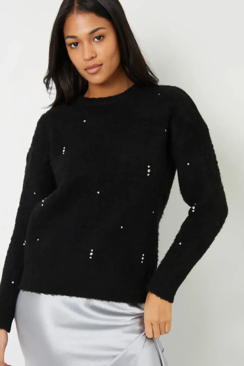 Diamante Embellished Brushed Knitted Jumper