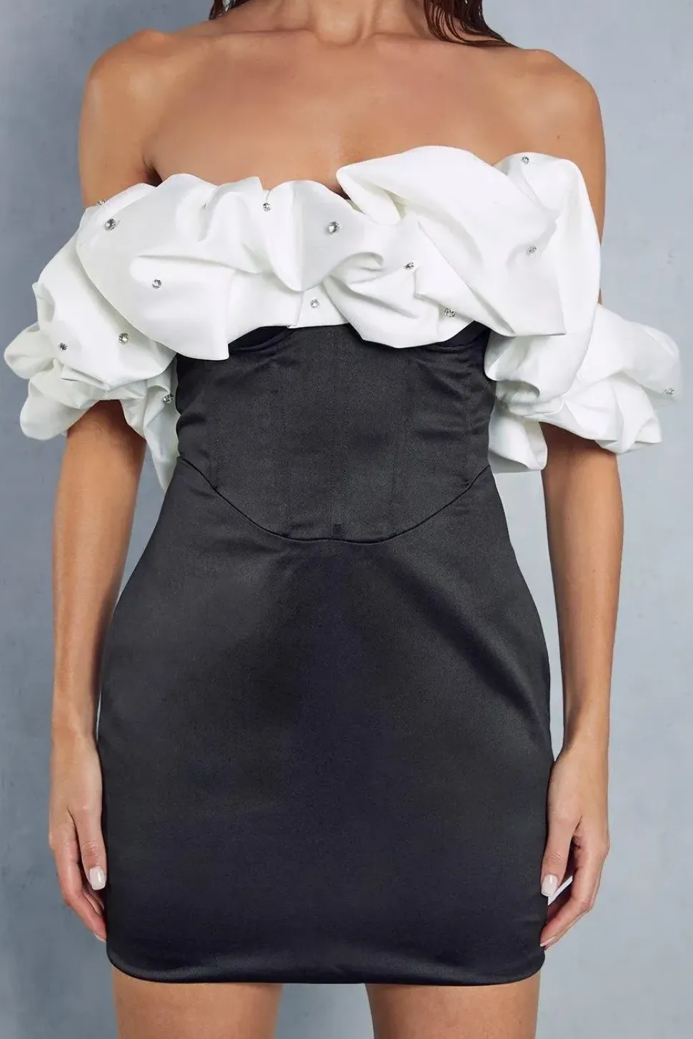 Diamante Embellished Contrast Frill Bardot Bodycon Mini Dress
