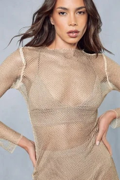 Diamante Fishnet Long Sleeve Mini Dress