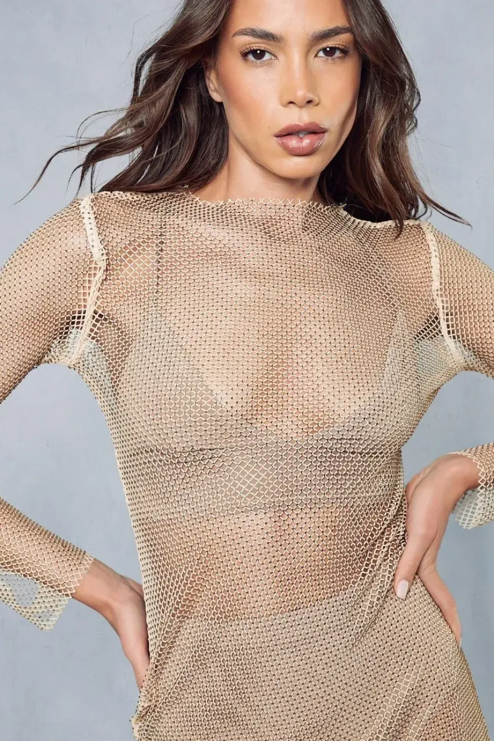 Diamante Fishnet Long Sleeve Mini Dress