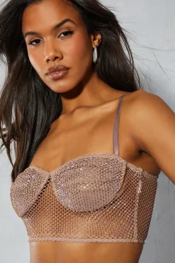 Diamante Fishnet Ruched Bust Strappy Bralet