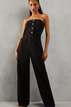 Diamante Pearl Button Detail Bandeau Wide Leg Jumpsuit