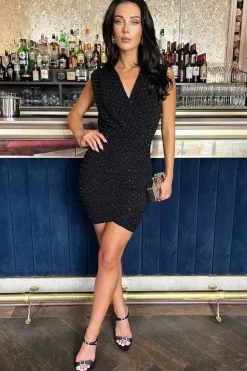 Diamante Sparkle Sleeveless Wrap Top Ruched Mini Dress