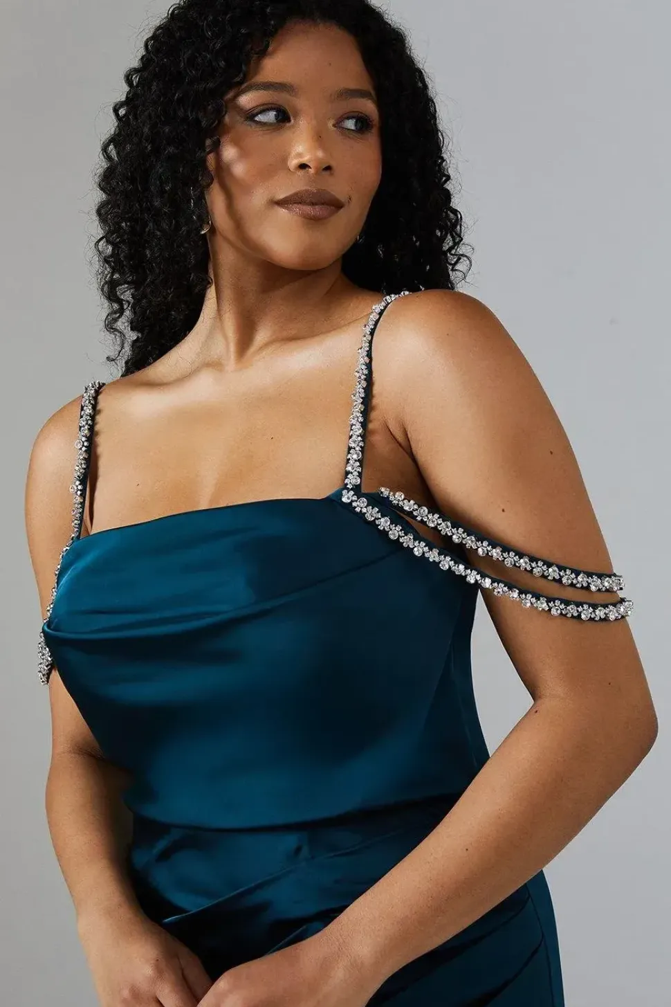 Diamante Trim Draped Shoulder Maxi Dress