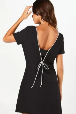 Diamante Trim V Back Bow Detail Crepe Mini Dress