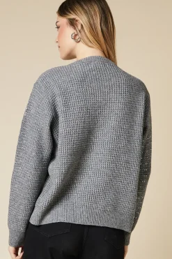 Diamante Waffle Knitted Crew Neck Jumper