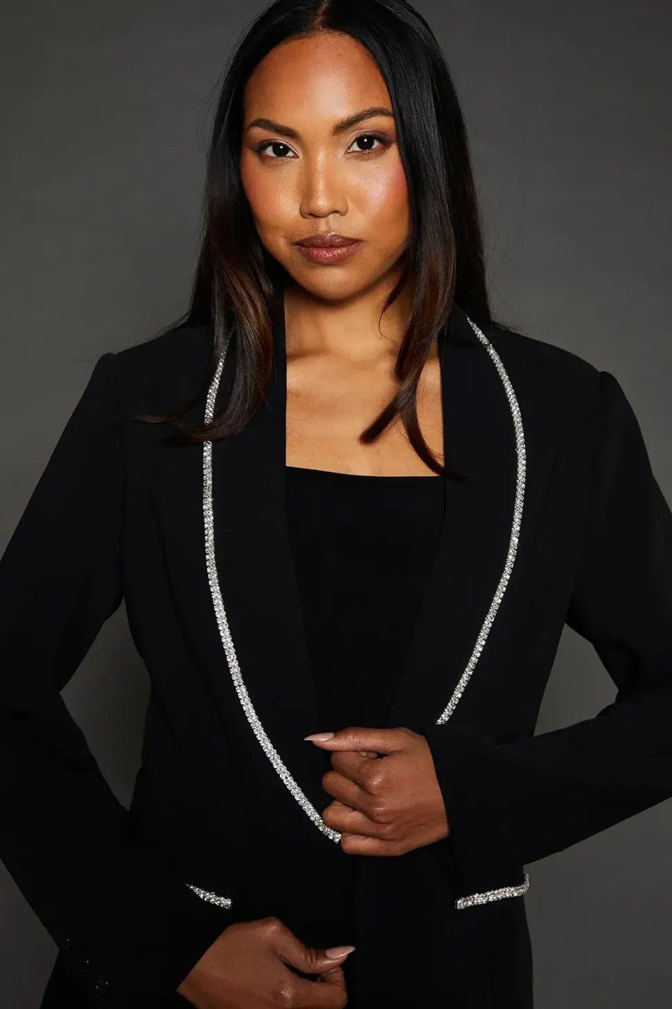 Diamond Trim Shawl Collar Blazer