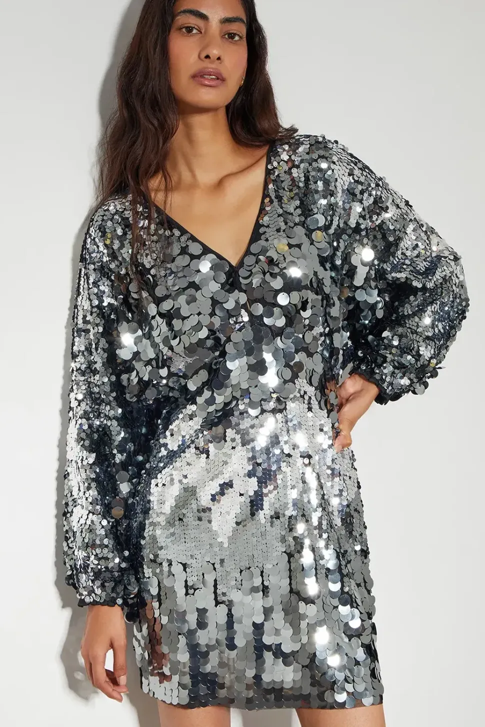 Dina Dolman Sequin Mini Dress Silver