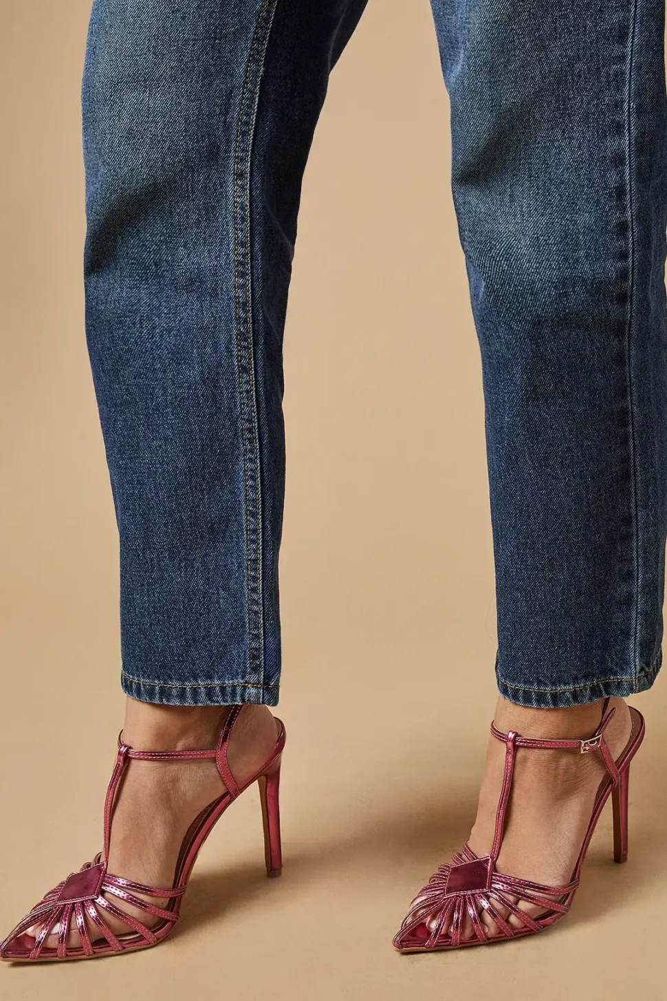 Dinah Metallic Caged Front T-Bar High Stiletto Heel Court Shoe