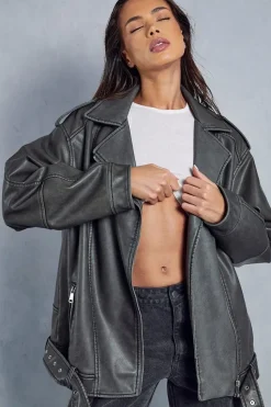 Distressed Leather Look Midi Biker Jacket