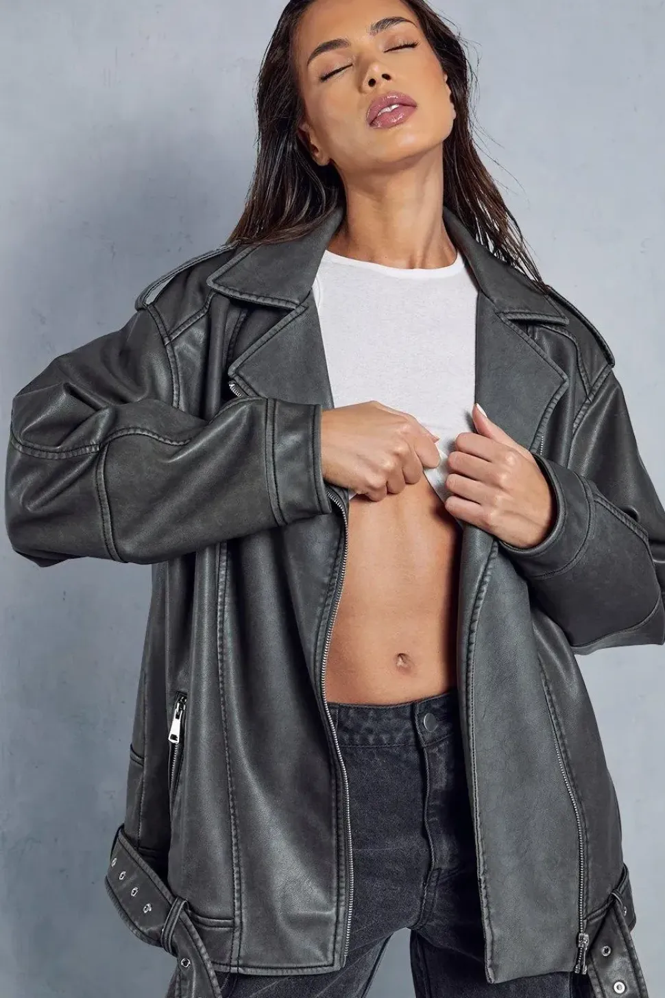 Distressed Leather Look Midi Biker Jacket