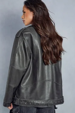 Distressed Leather Look Midi Biker Jacket