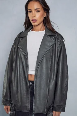Distressed Leather Look Midi Biker Jacket