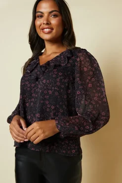 Ditsy Floral Chiffon Ruffle Front Long Sleeve Blouse