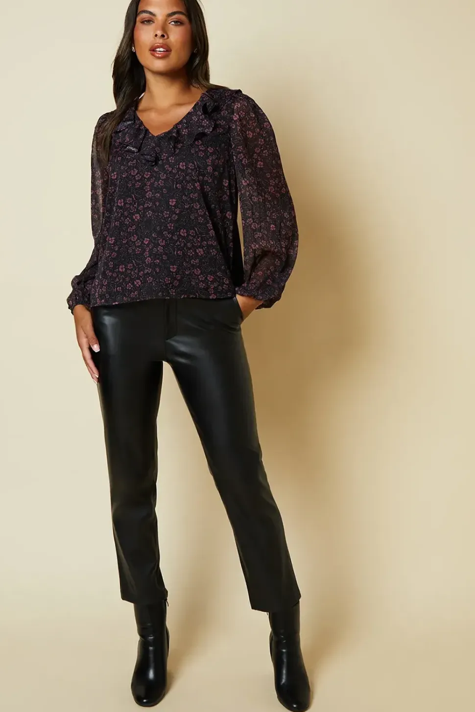 Ditsy Floral Chiffon Ruffle Front Long Sleeve Blouse