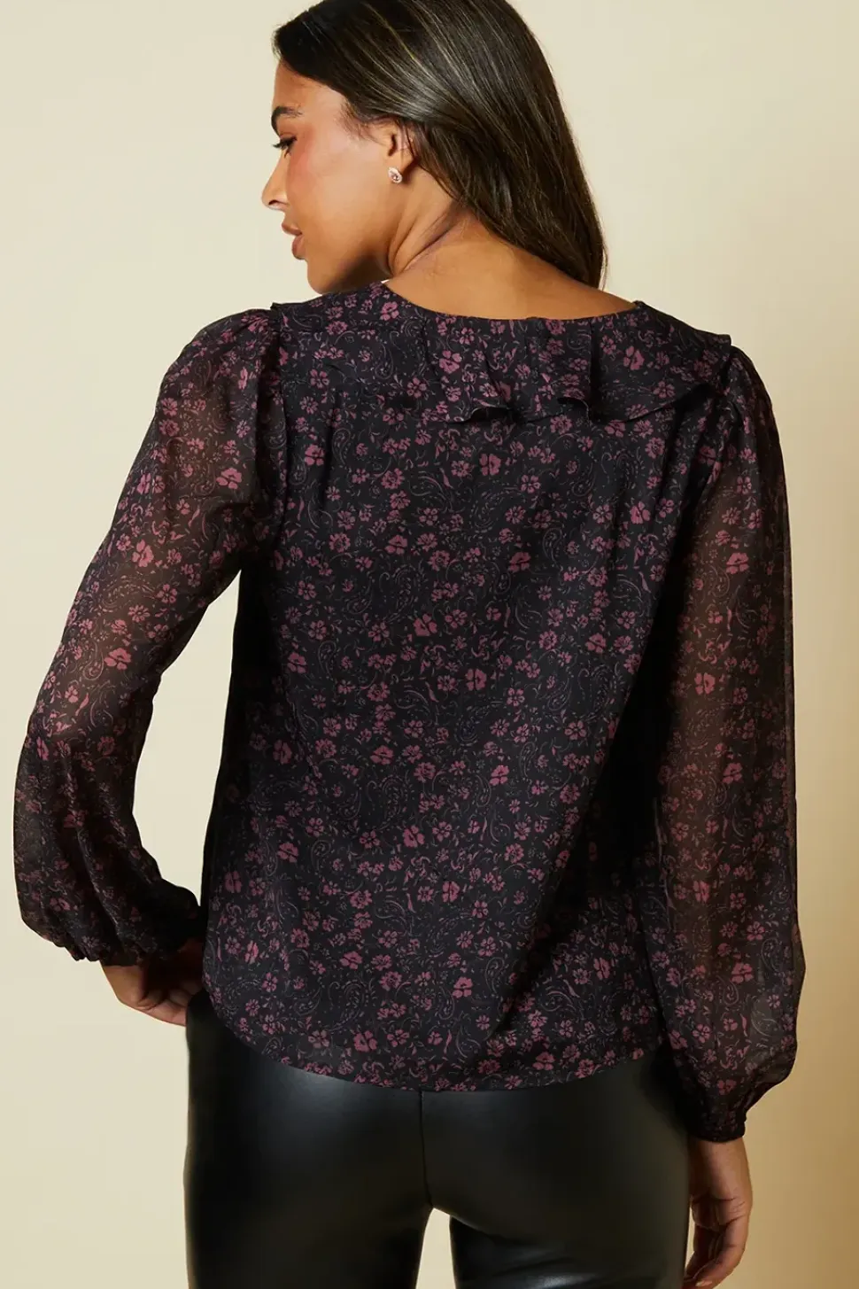 Ditsy Floral Chiffon Ruffle Front Long Sleeve Blouse