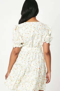 Ditsy Floral Crepe Wrap Front Belted Mini Dress