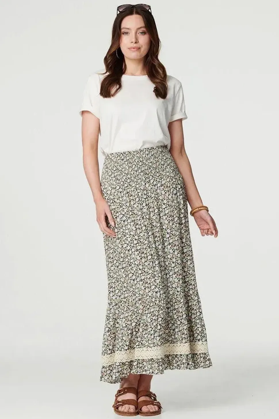 Ditsy Floral Lace Trim Maxi Skirt