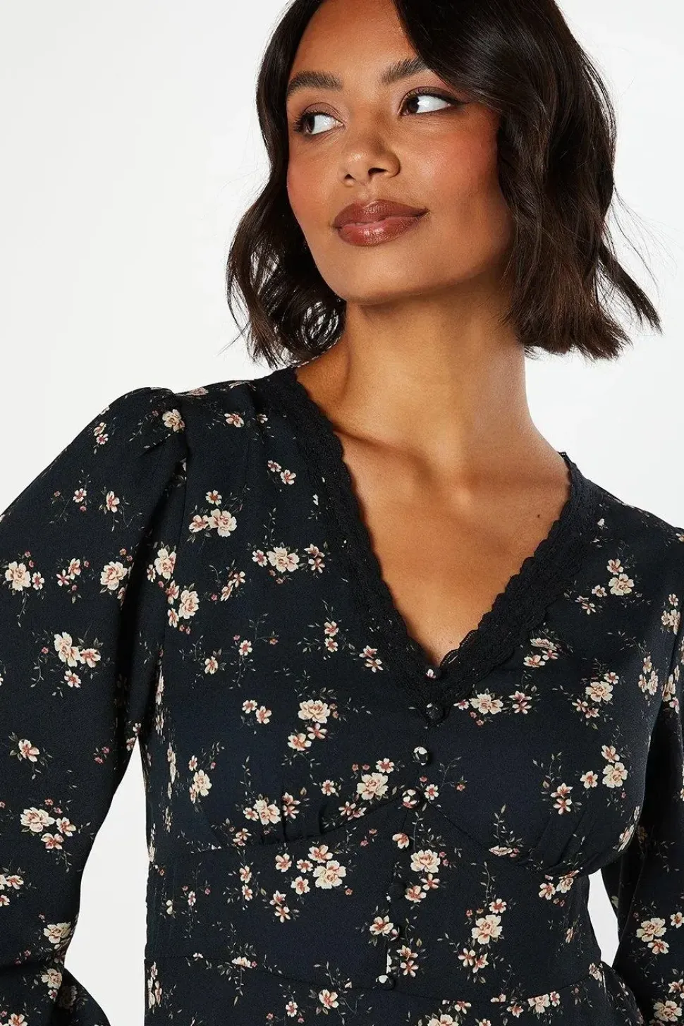 Ditsy Floral Long Sleeve Lace Trim Button Front Mini Dress
