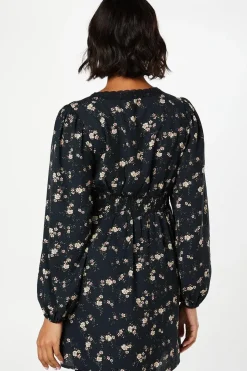 Ditsy Floral Long Sleeve Lace Trim Button Front Mini Dress