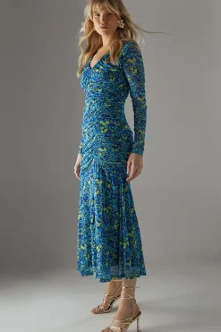 Ditsy Floral Mesh Gathered Front Midi Dress