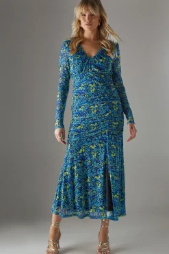 Ditsy Floral Mesh Gathered Front Midi Dress