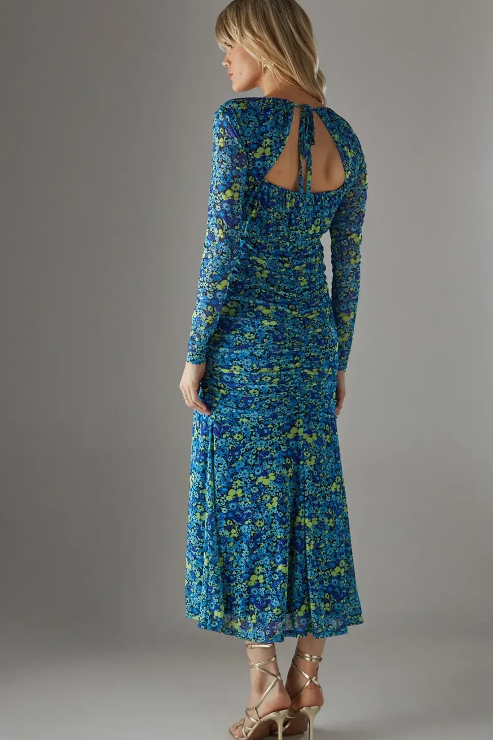 Ditsy Floral Mesh Gathered Front Midi Dress