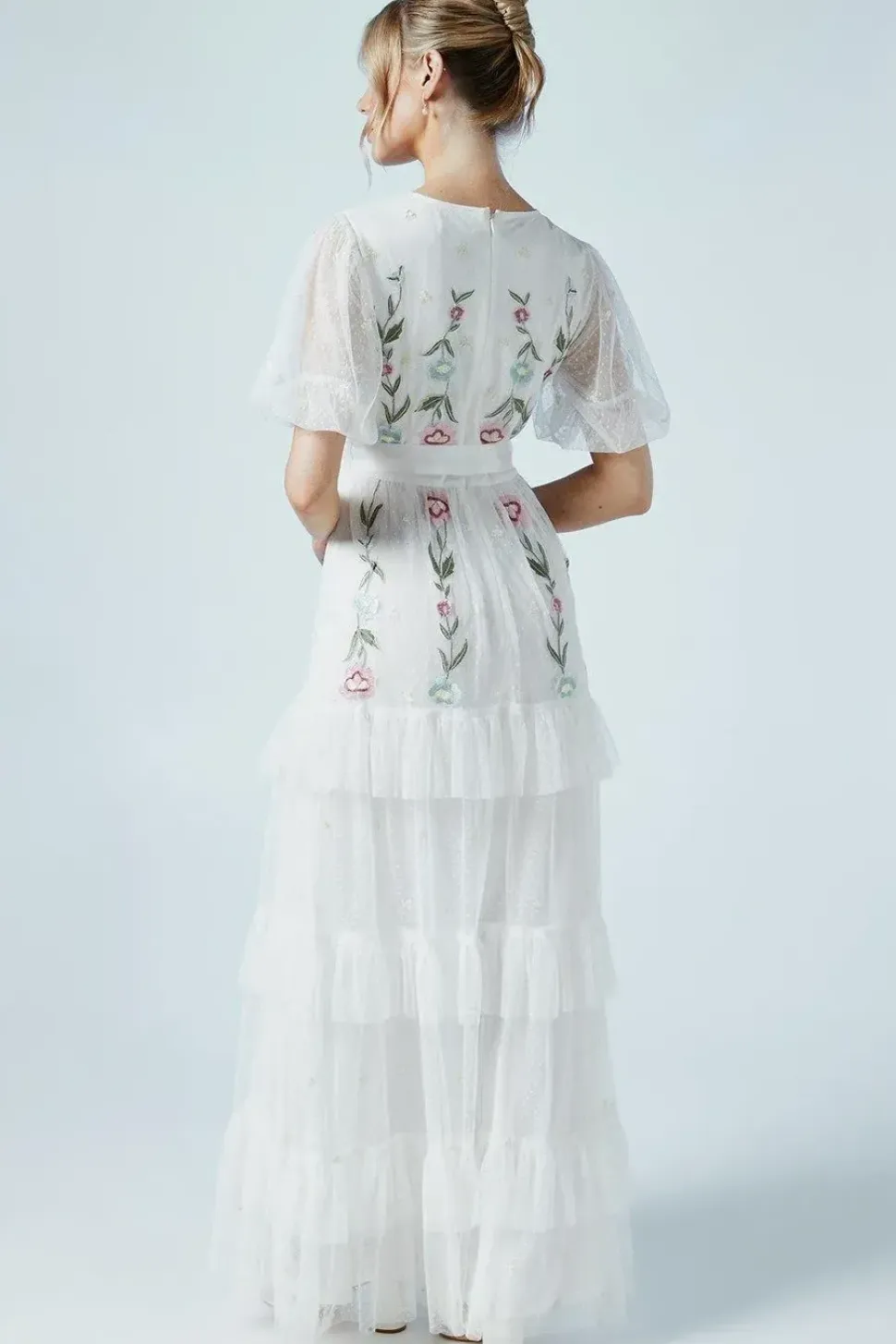 Ditsy Floral Puff Sleeve Embroidered Tiered Mesh Wedding Dress
