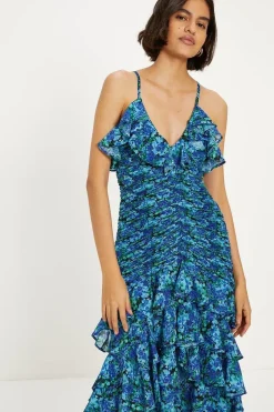 Ditsy Floral Ruched Ruffle Dip Hem Midi Dress